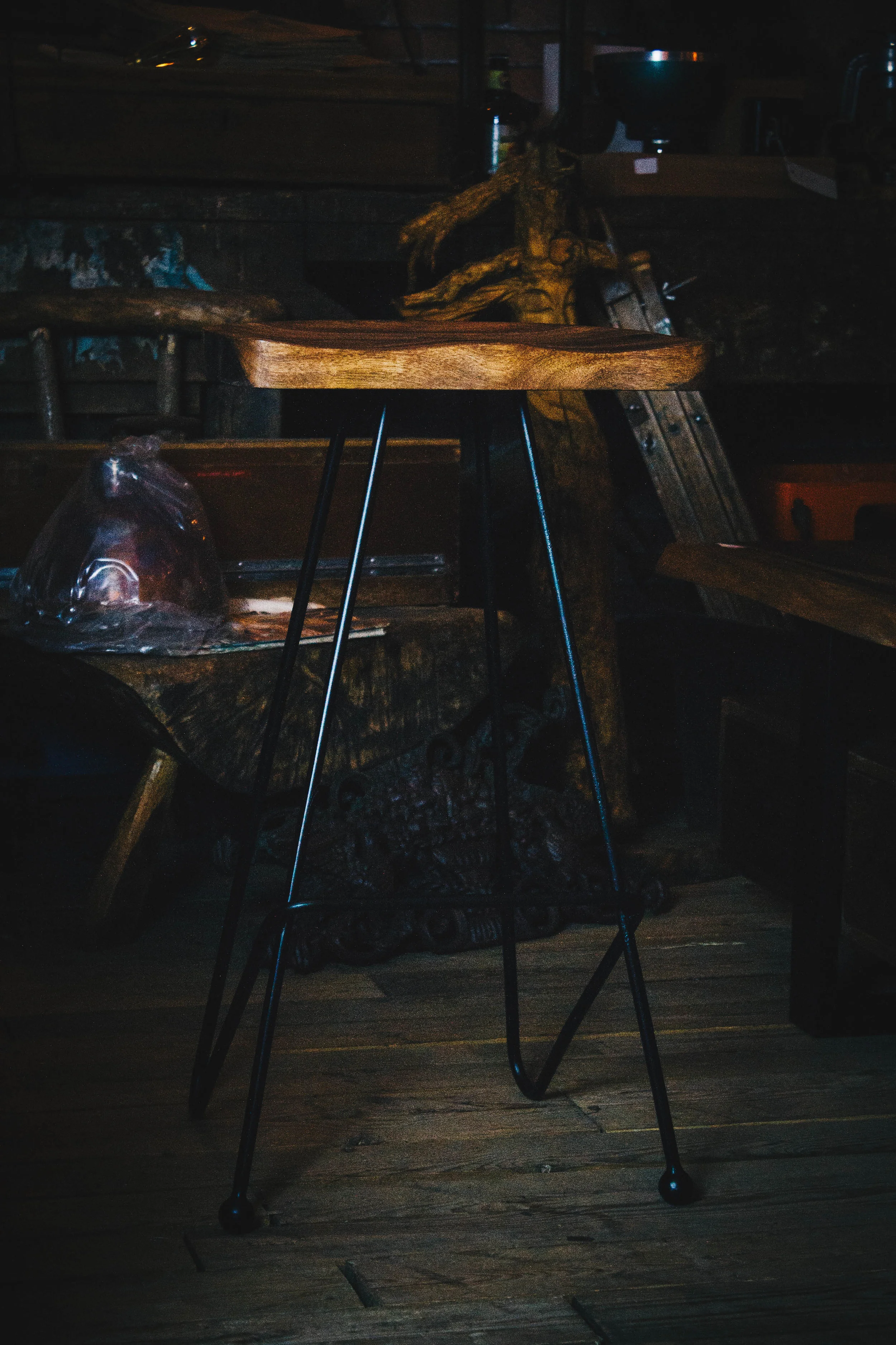Industrial Iron Base Bar Stool with Solid Wood Top 