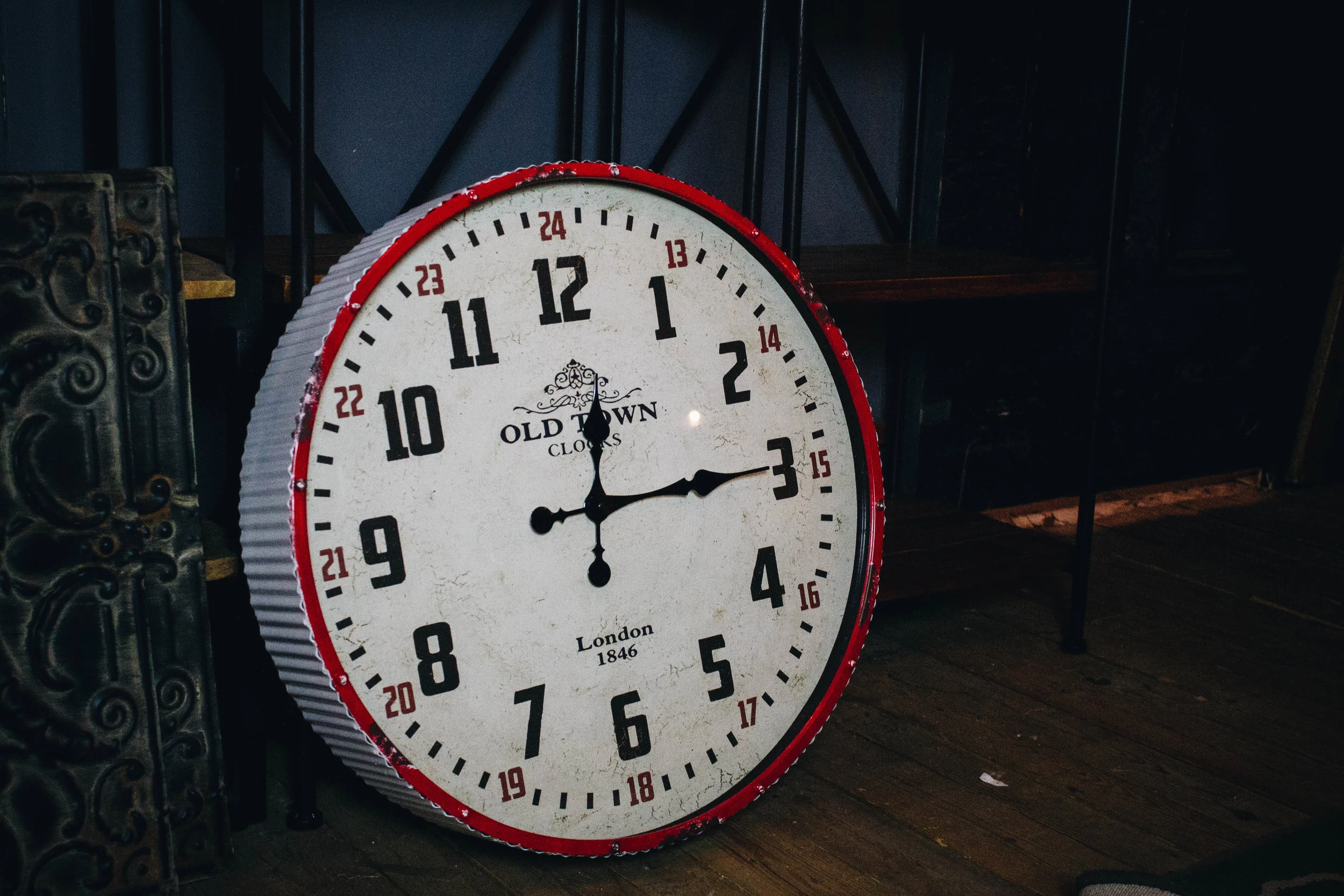 Large Industrial Distressed Metal Wall Clock with Red Metal Frame