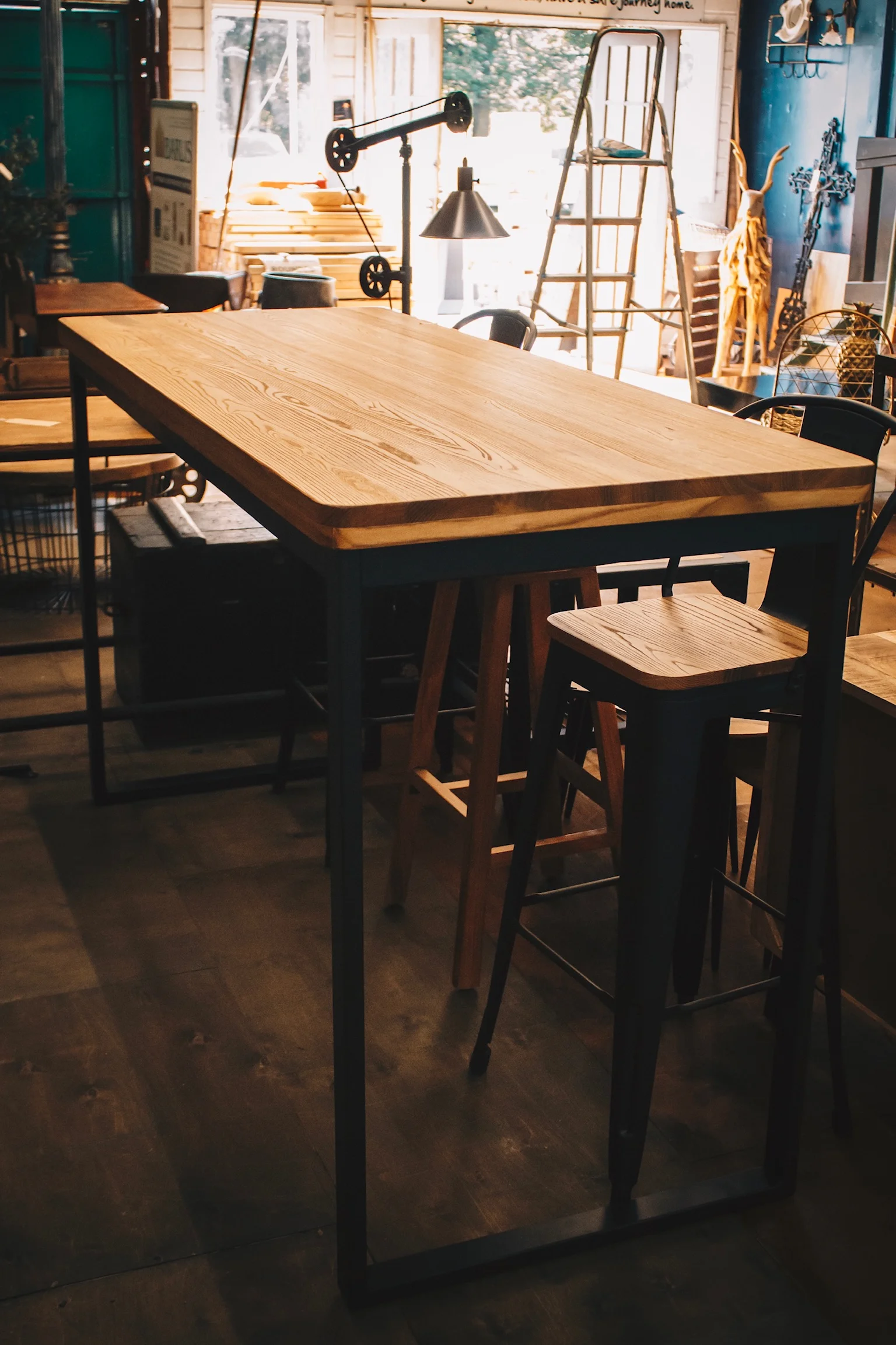 Industrial Reclaimed Elm Breakfast Bar Table with Black Powder Coated Metal Legs