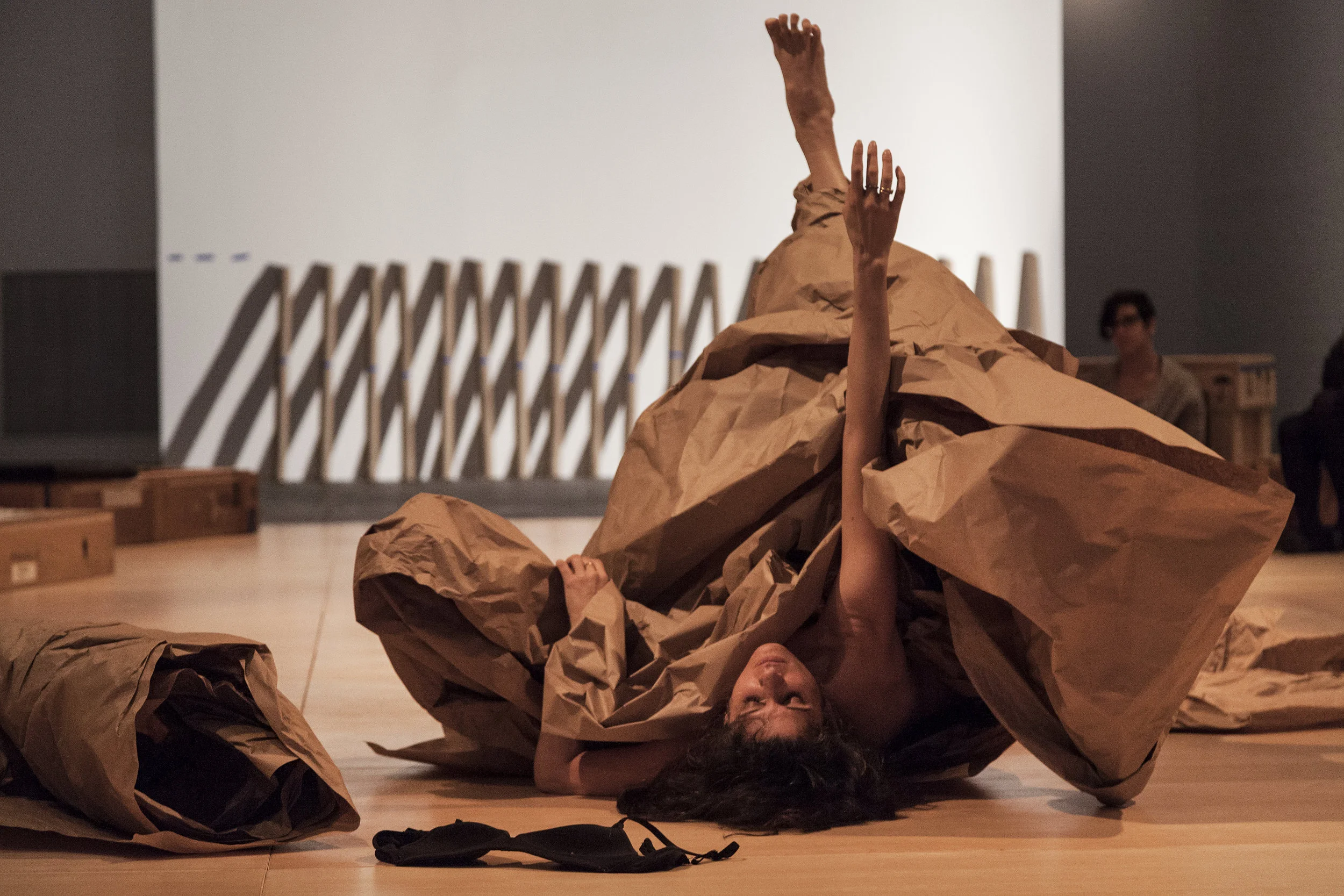 Janine Antoni in collaboration with Anna Halprin , Paper Dance , 2013 Premiered at The Fabric Workshop and Museum, Philadelphia in 2016 Photographed by Carlos Avendaño. Courtesy of the artists and Luhring Augustine, New York