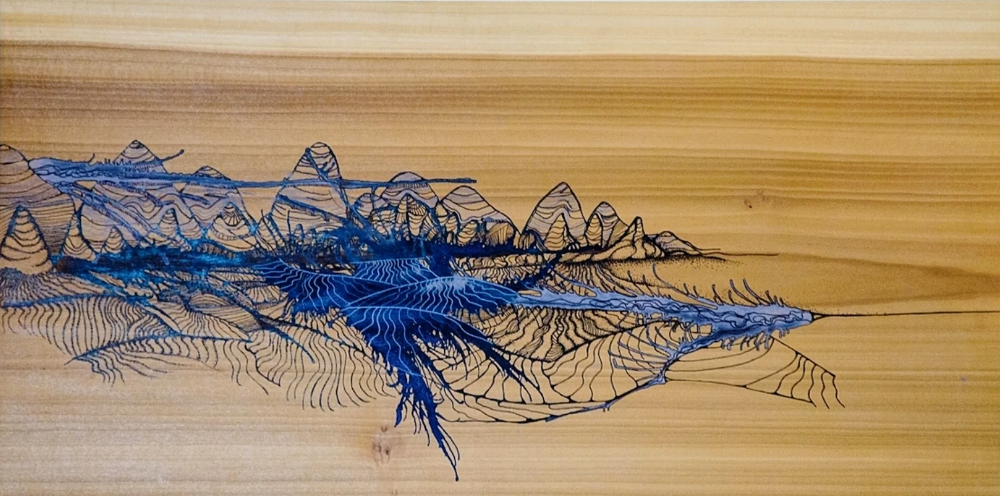 Honey Comb Buttes Abstract. Finished poplar, acrylic ink.