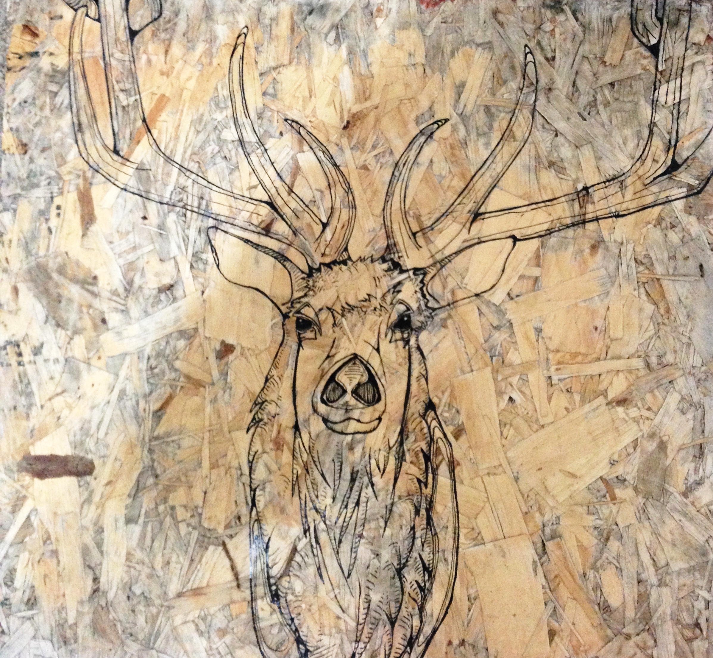  Ink and flow pen elk on scrap OSB . 36” x 36” Sold 
