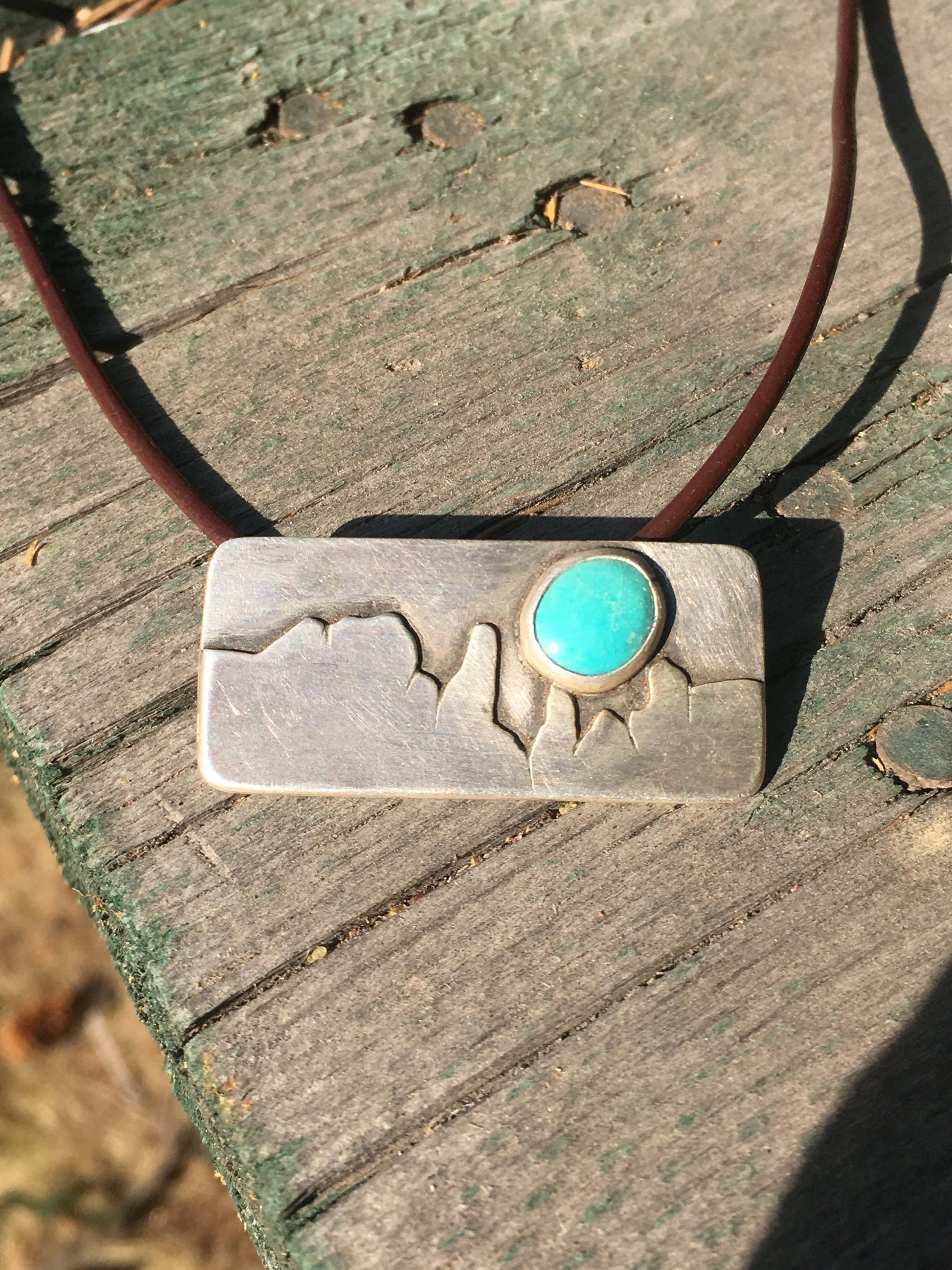  Handmade leather, silver and turquoise desert necklace 