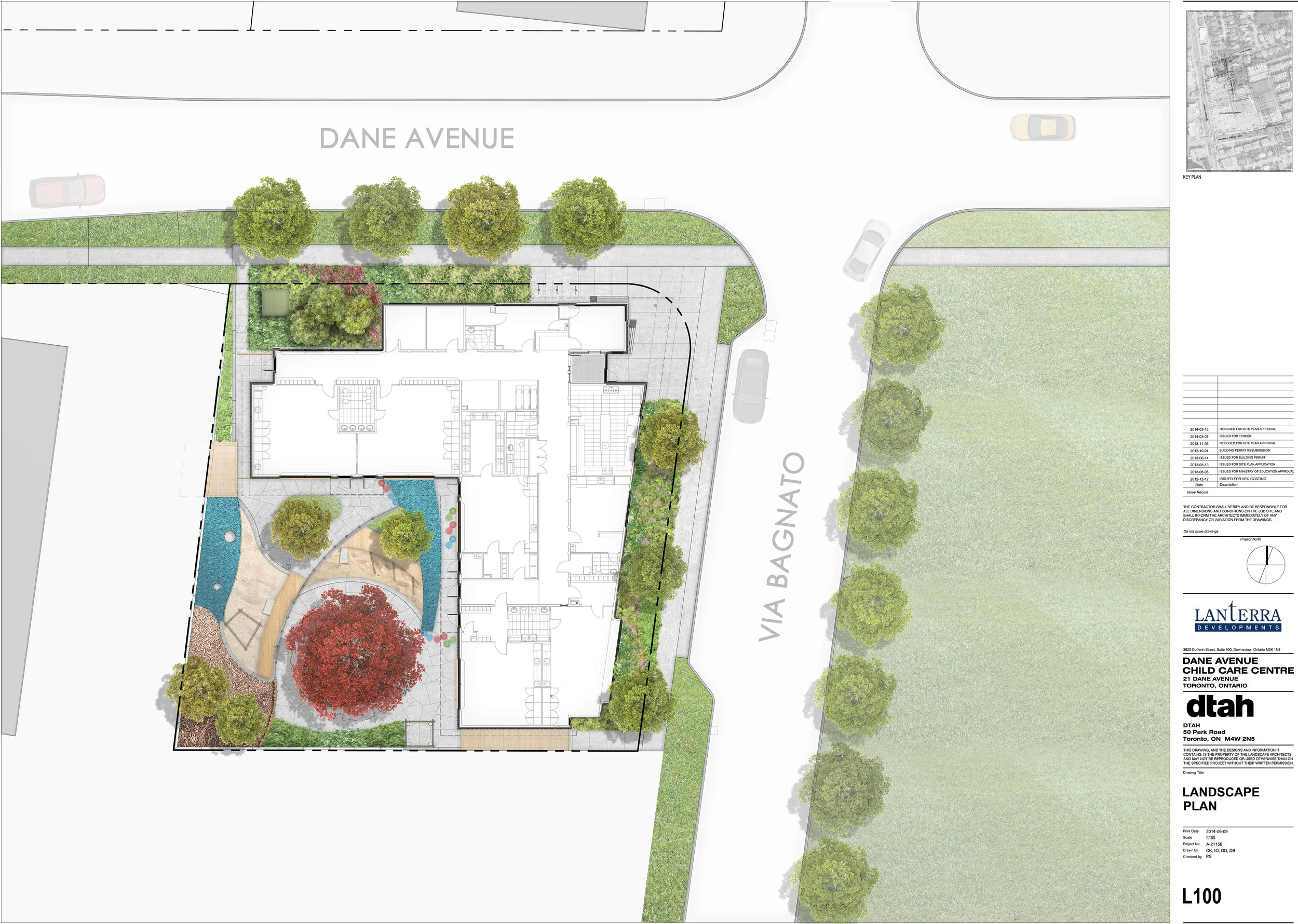 Dane Avenue Child Care Centre Natural Play Space - Client: City of Toronto - Toronto, Ontario - 2014-2017 - Collaborators: DTAH - Credit: DTAH I designed, detailed and project managed this naturalized play space for infants to preschool-age children from concept to bid documents. Starting with precedents research and visioning, this design met the client’s mandate for natural materials, sensory experiences and development of early motor skills, stringent national codes on playground design as well as stormwater management and tree planting and preservation requirements in a play space approximately 600 square yards for 50 children. The budget and future maintenance were the design constraints and I had to strategize on how best to achieve the project program and goals by simplifying the material palette while strengthening the design. 