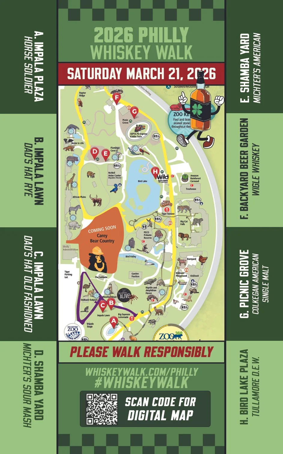 Map poster for the 2026 Philly Whiskey Walk on March 21, showing tasting stops A–H along a walking route, plus a QR code for a digital map