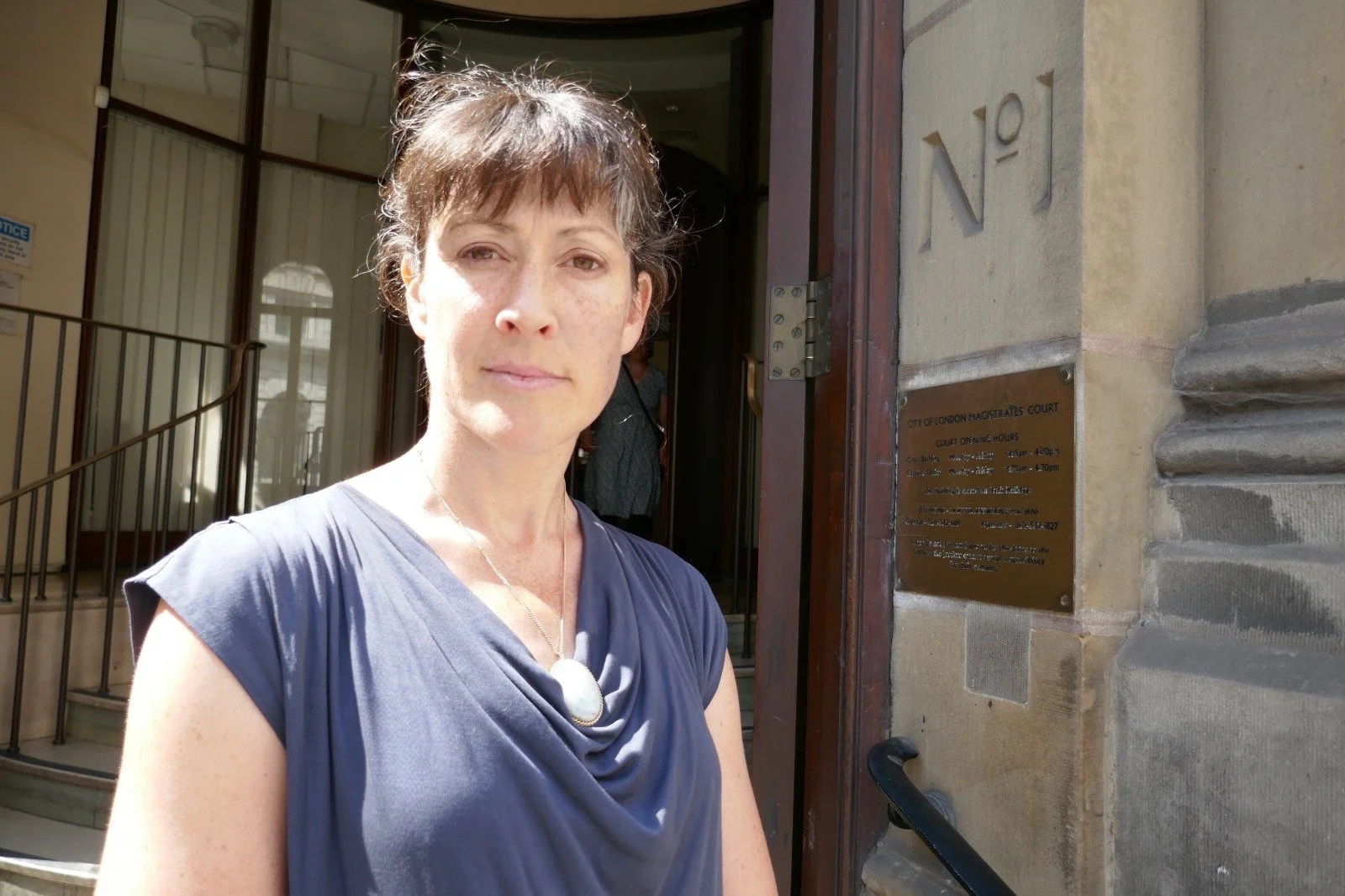 Anthea Lawson, outside City of London Magistrates Court, where she was sentenced for her XR protest at Waterloo