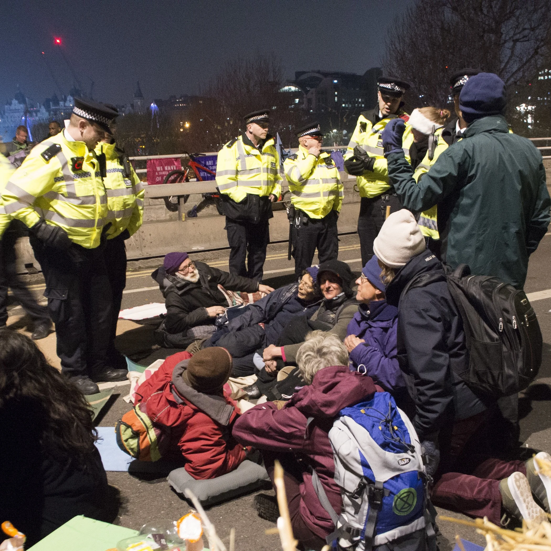 The scene on Waterloo Bridge late on the night of 15th April 2019.