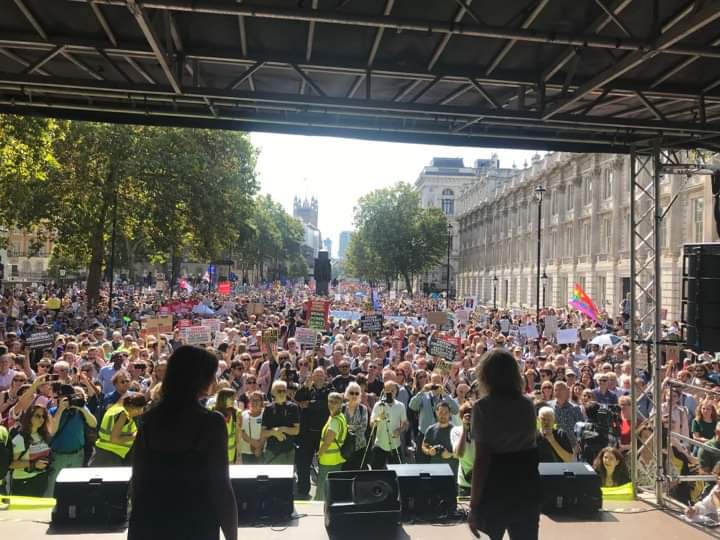 The #StopTheCoup stage, just outside 10 Downing Street, today @another_europe