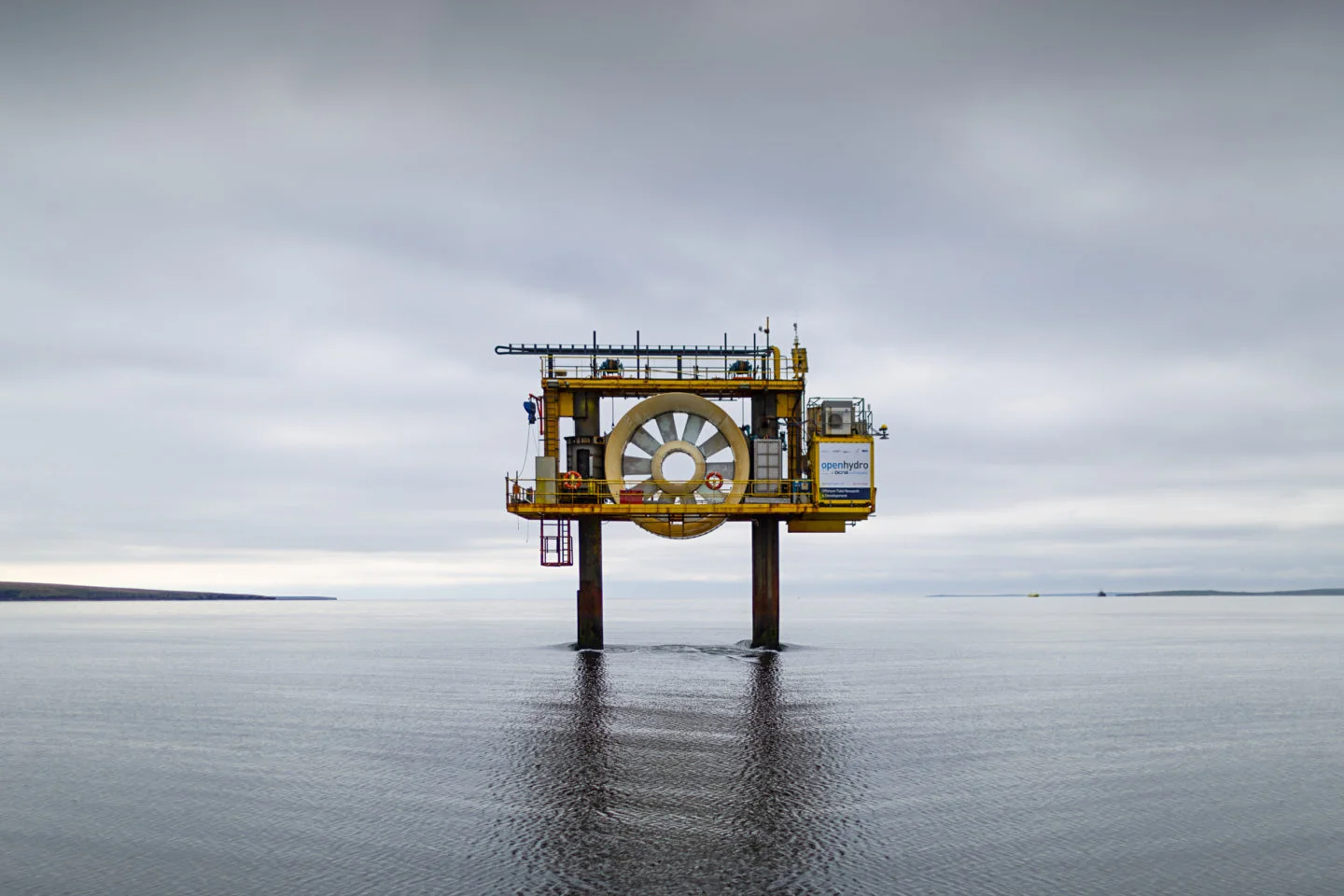 Fall of Warness tidal test site, Eday “The OpenHydro Open Centre Turbine device generates renewable energy from tidal streams and was the first tidal turbine to be grid-connected in Scotland” ( BBC report )