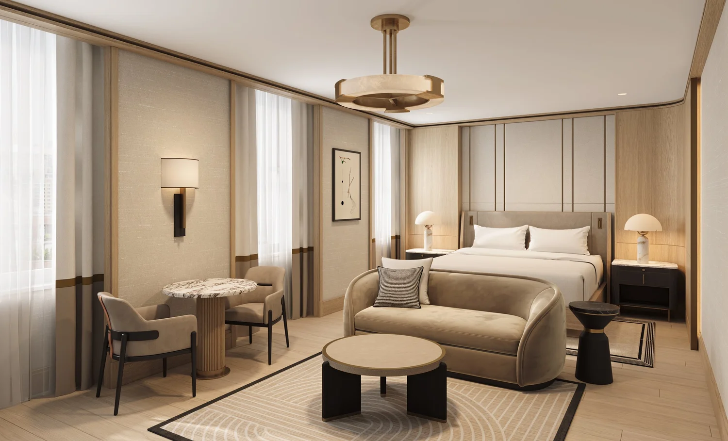 Interior rendering of a guest room at The Nell New York above Rockefeller Center