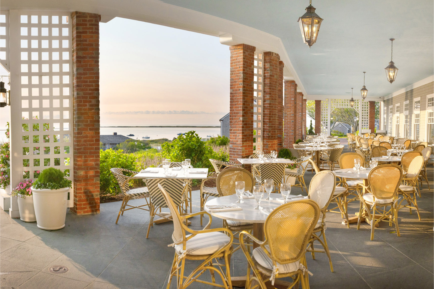 Outdoor patio seating at the Veranda at Chatham Bars Inn