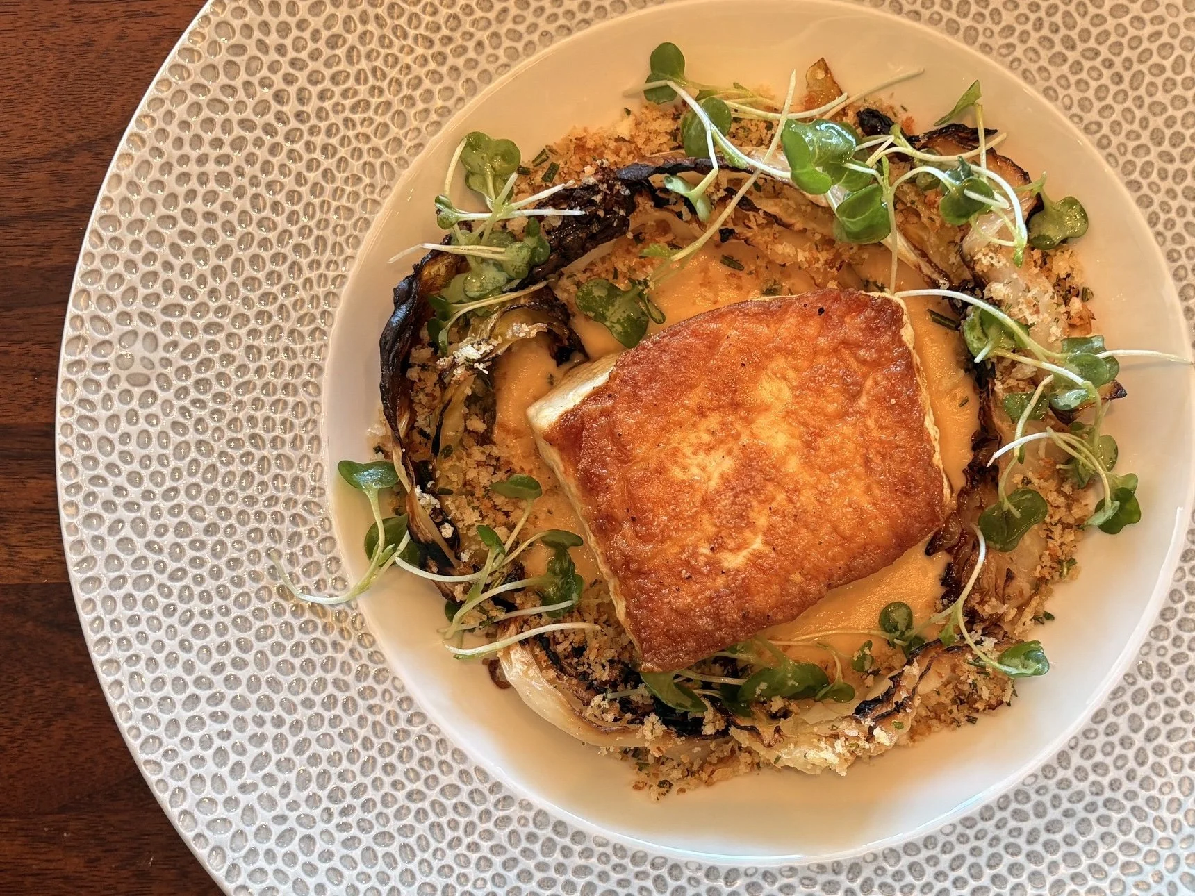 Pan-seared halibut by Chef Jim Stein at Sea Glass, Inn by the Sea