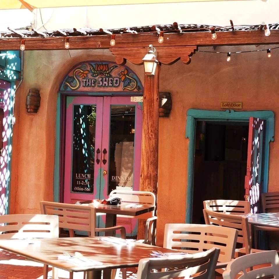 The Shed Santa Fe New Mexico courtyard outdoor dining adobe patio historic Plaza