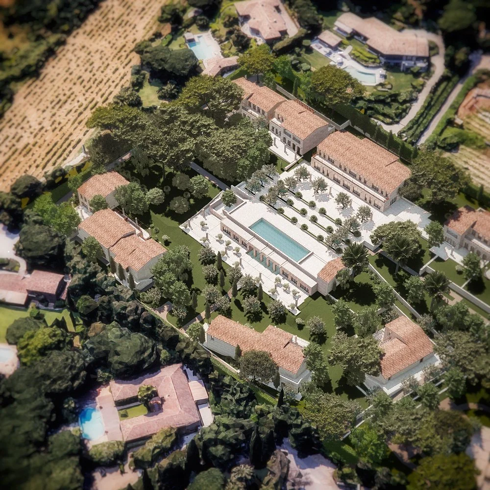 Overhead view of Le Mas Bellevue Saint-Tropez, a hillside hamlet of houses and gardens near Saint-Tropez