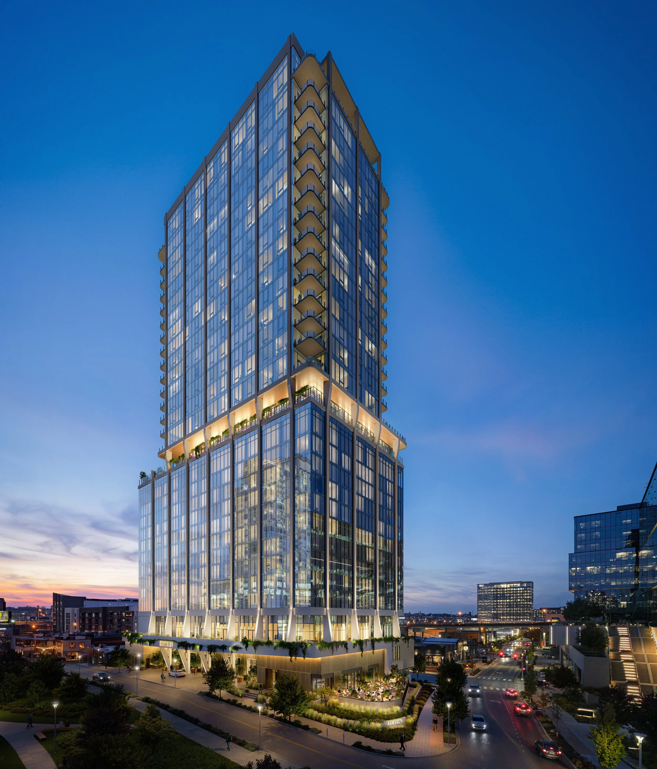 The Nashville EDITION hotel and residences tower at dusk over The Gulch