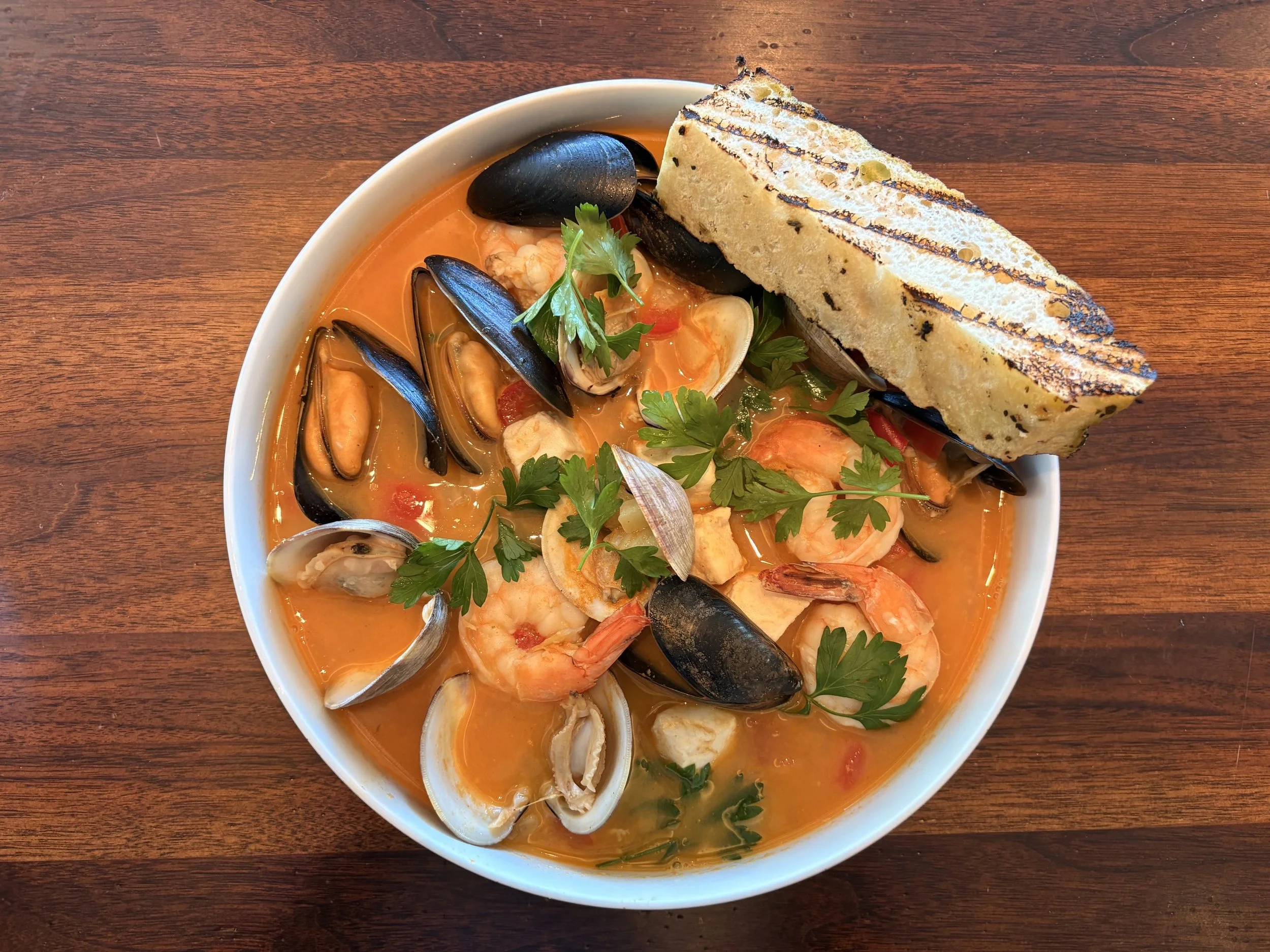 Cioppino with Littleneck clams, Bangs Island mussels, and halibut at Sea Glass, Inn by the Sea