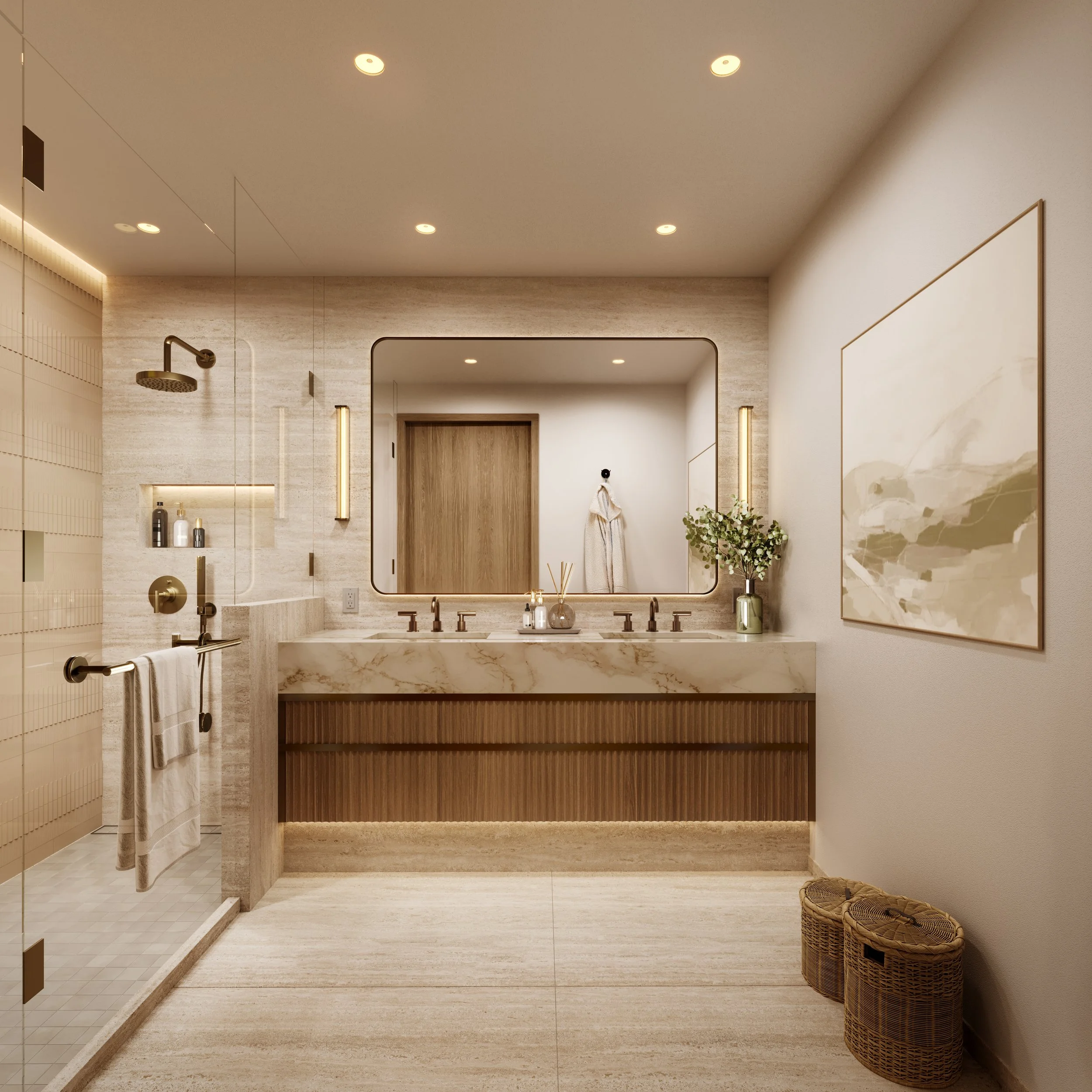 Bathroom with fluted oak vanity at The Cloud One Residences Wynwood