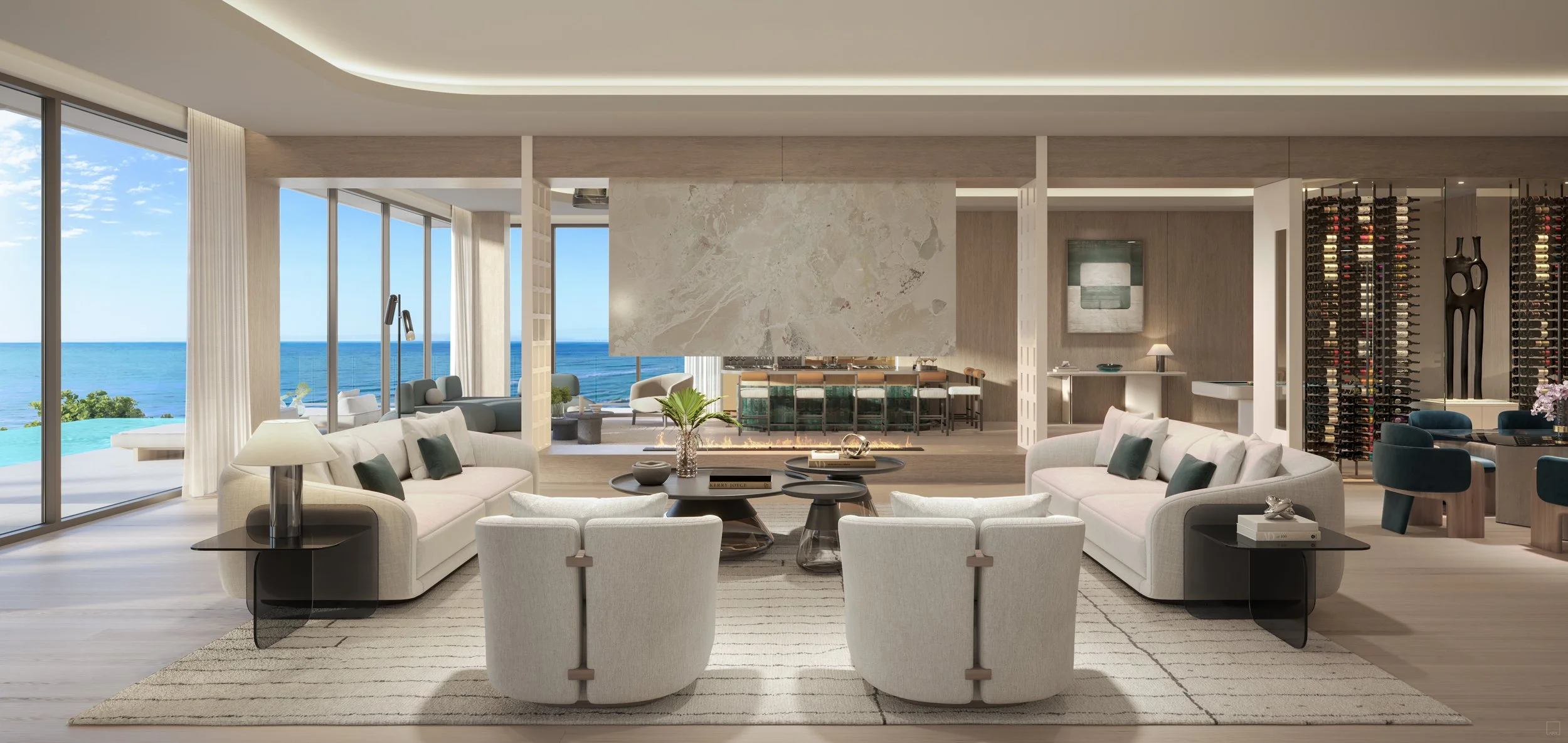 The great room of an Olana Naples beachfront residence facing the Gulf