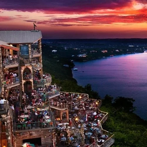 The Oasis on Lake Travis Austin Texas tiered outdoor patios Hill Country sunset views