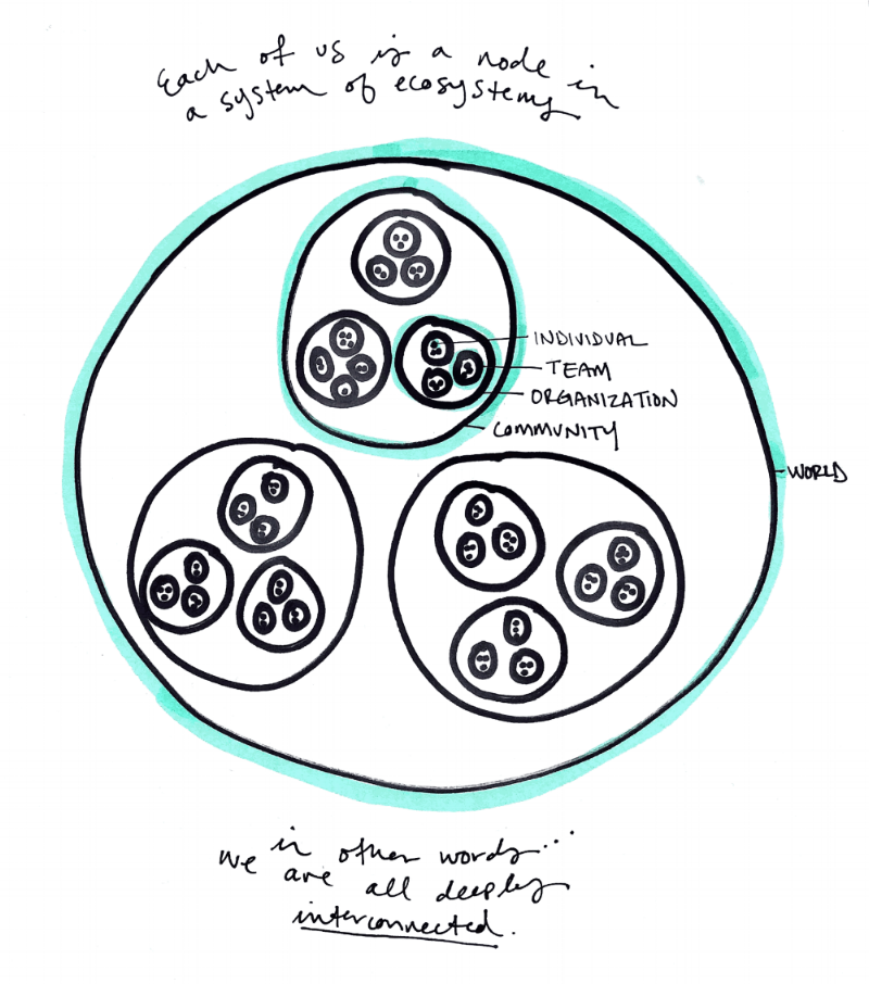 Image Description: Drawing of circles within circles within circles representing layers of ecosystems: individual, team, organization, community, and world. Text reads, "Each of us is a node in a system of ecosystems. In other words...we are all deeply interconnected."