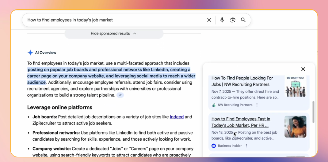   ZipRecruiter GEO Articles     ZipRecruiter partnered with Business Insider to leverage its authority on workplace trends and SEO dominance. By deploying five custom articles optimized for AI discovery and high-intent keywords, the campaign position
