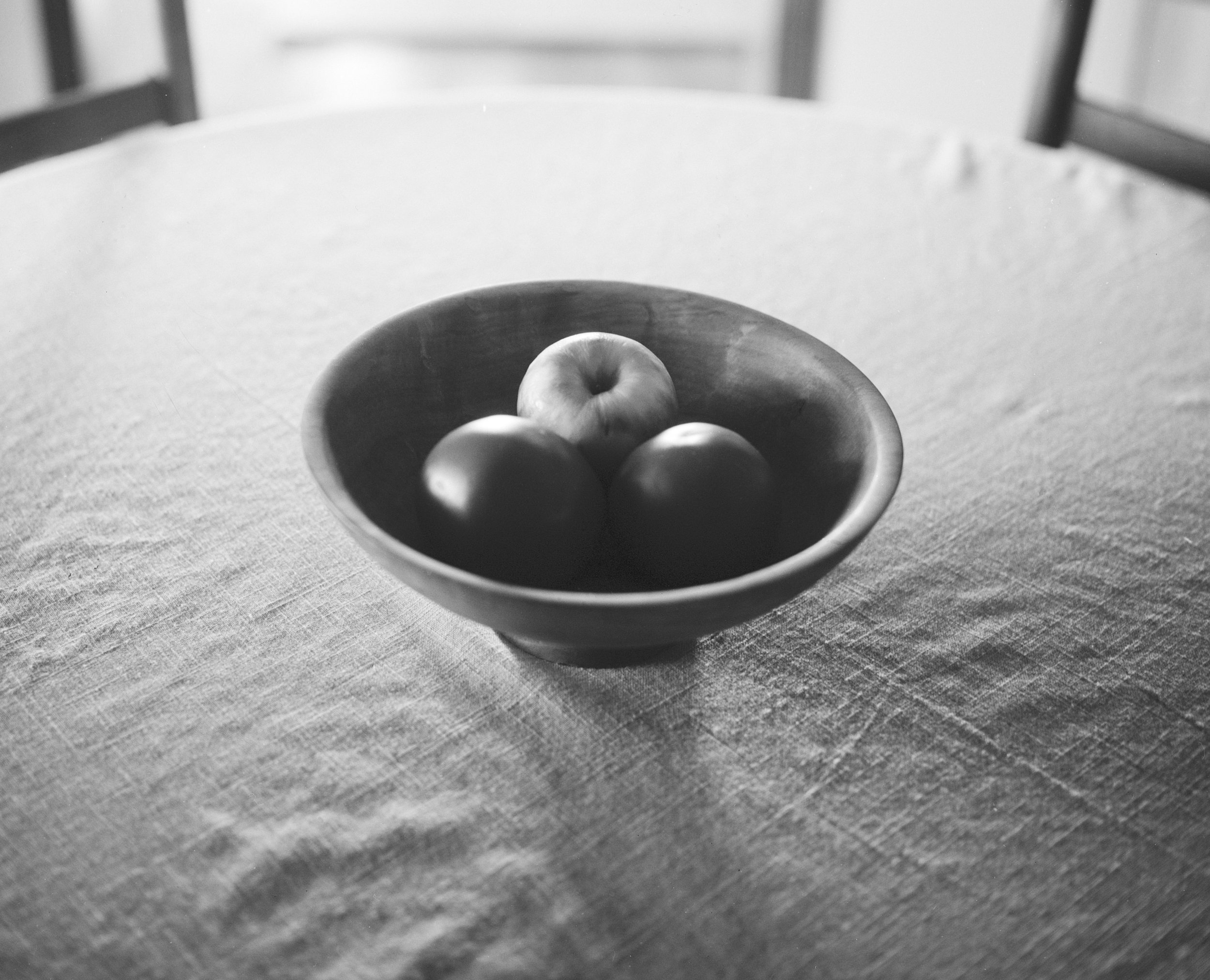  Apple and tomatoes in a wooden bowl - captured using a Calumet 4x5 view camera with a Kodak Ektar 127mm f/4.7 lens on Fomapan 100 4x5 sheet film, developed in SP-76EC. &nbsp;I guessed at the exposure (I need a light meter) and shot this at f/4.7 for