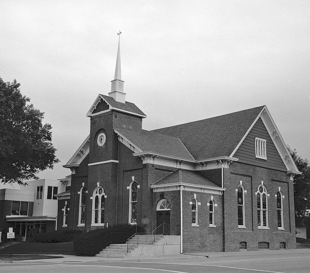  First United Methodist Church of Nebraska City - Mother Church of Methodism in Nebraska. &nbsp;Captured on Ilford HP5 Plus 400 film on a Fuji GW690iii medium format camera with a 90mm f3.5 lens and developed in Ilford DD-X. 