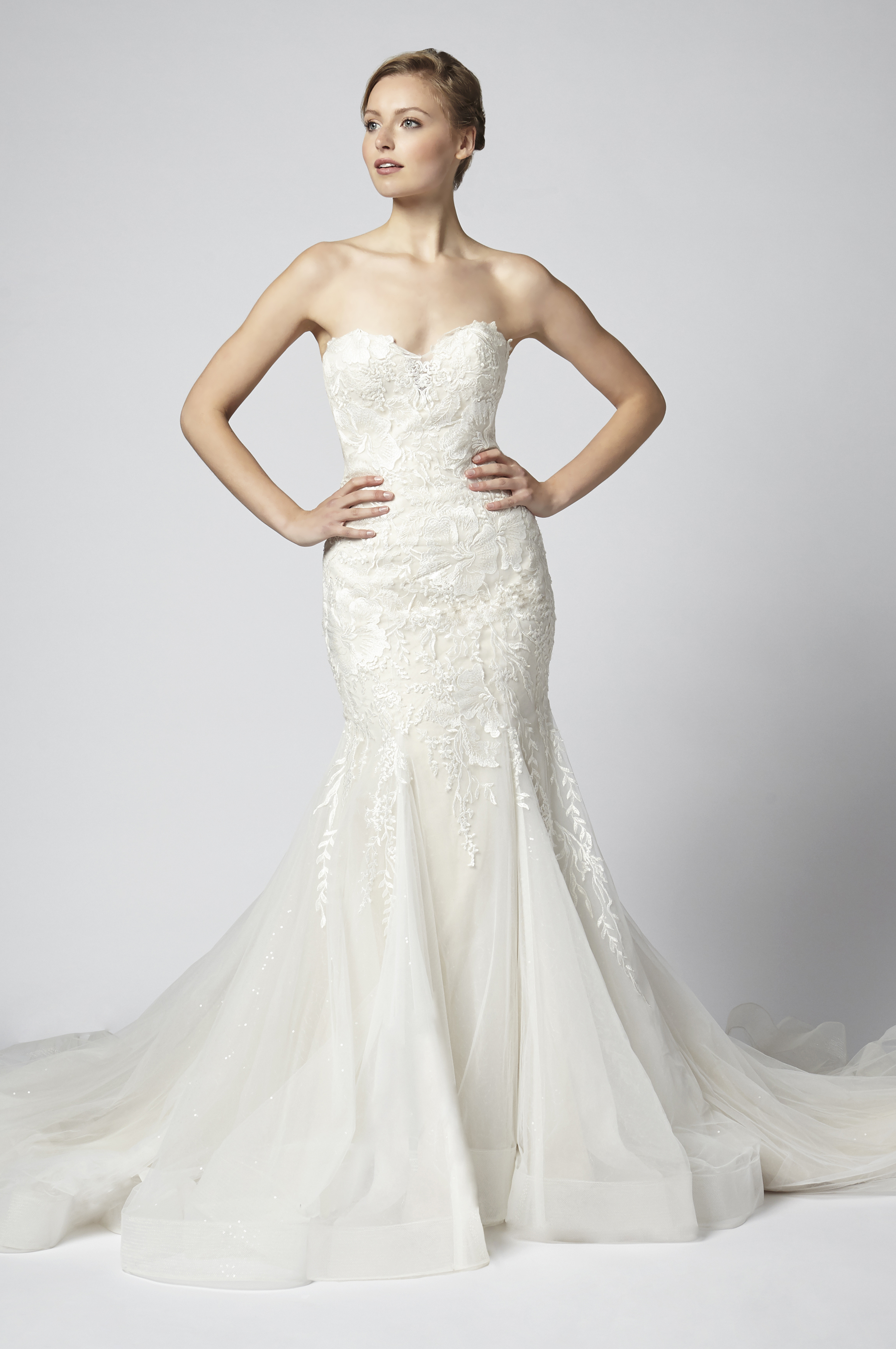 champagne fit and flare wedding dress