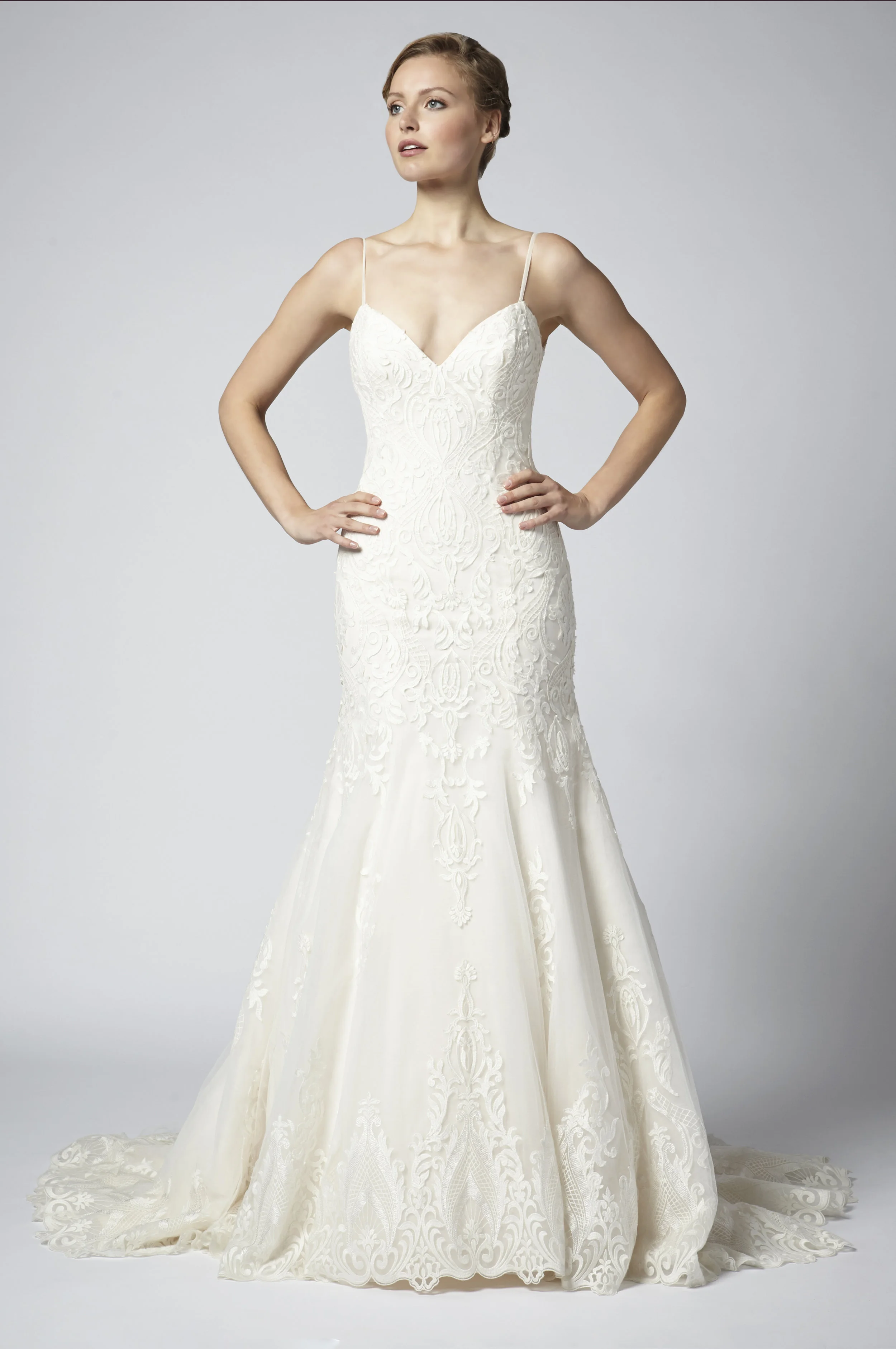 champagne fit and flare wedding dress