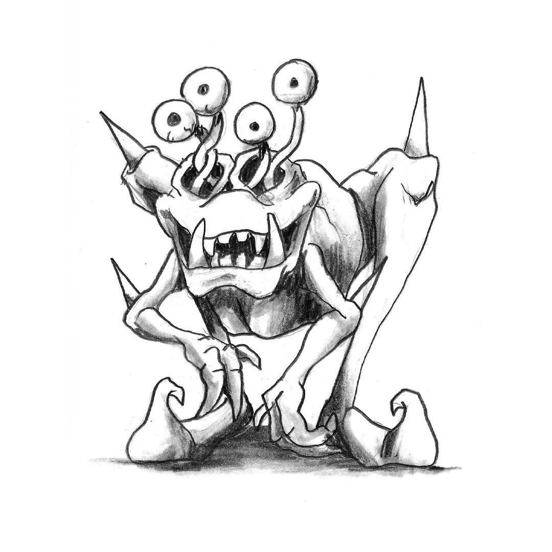 Black and white pencil sketch of a four-eyed monster.