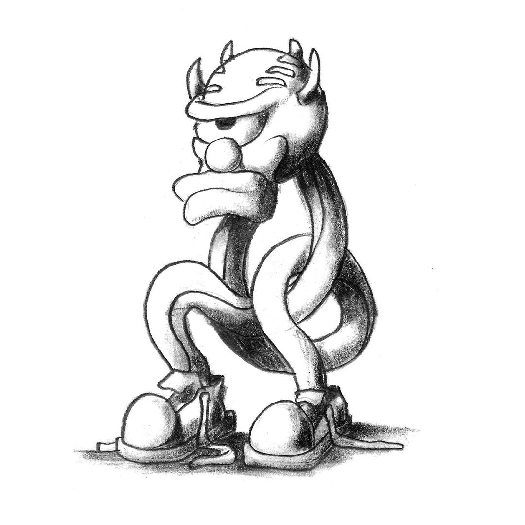 Black and white pencil sketch of a horned cyclops monster with a snake body and sneakers.