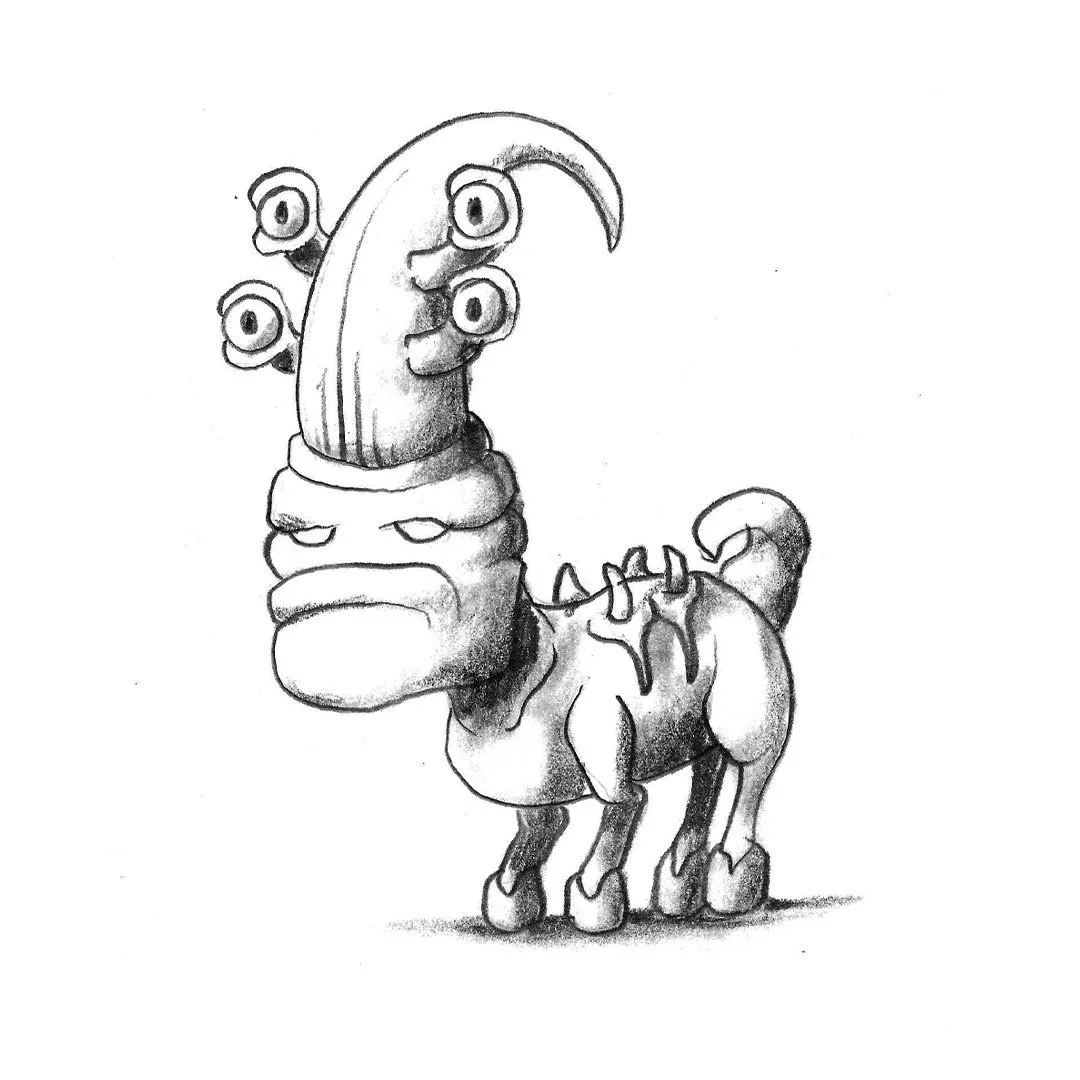 Black and white pencil sketch of a unicorn monster with six eyes.