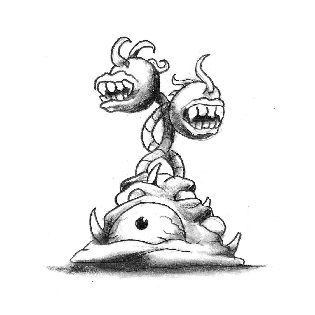 Black and white pencil sketch of a melty monster with two heads and several eyes.