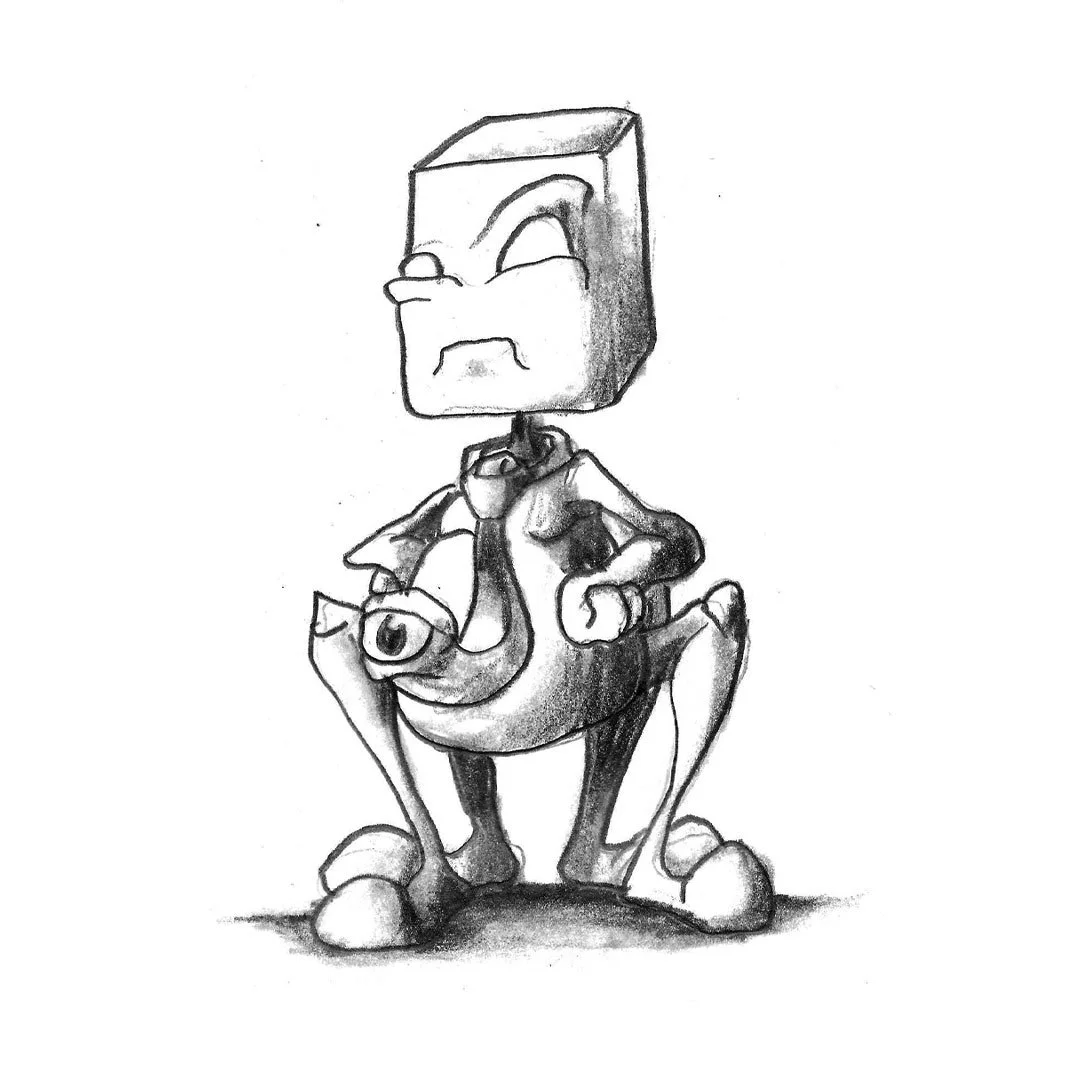 Black and white pencil sketch of a blockheaded monster with four legs and an eyeball necktie.