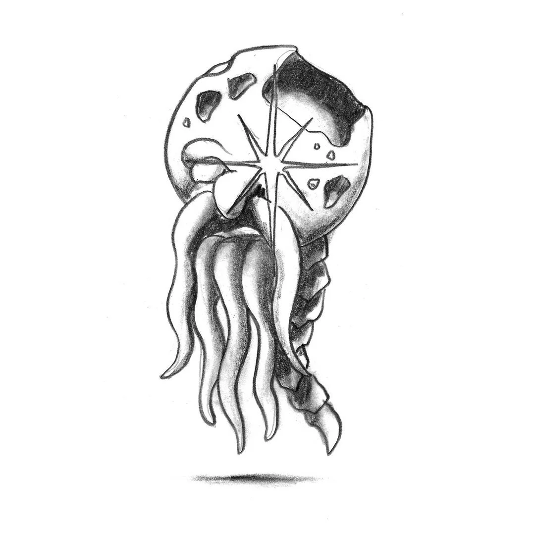 Black and white pencil sketch of a moon monster with a tentacle beard.