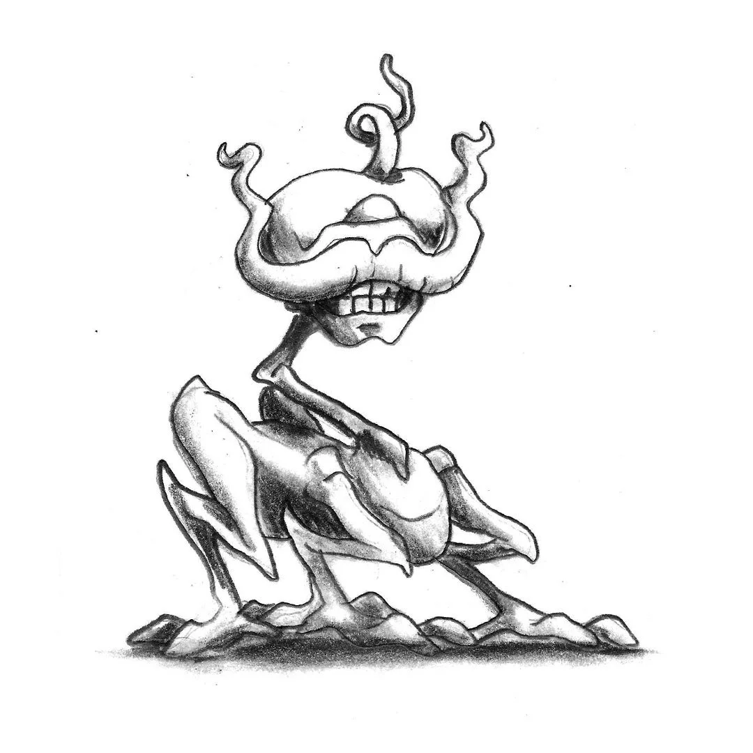 Black and white pencil sketch of an apple-headed monster with a gnarled mustache.