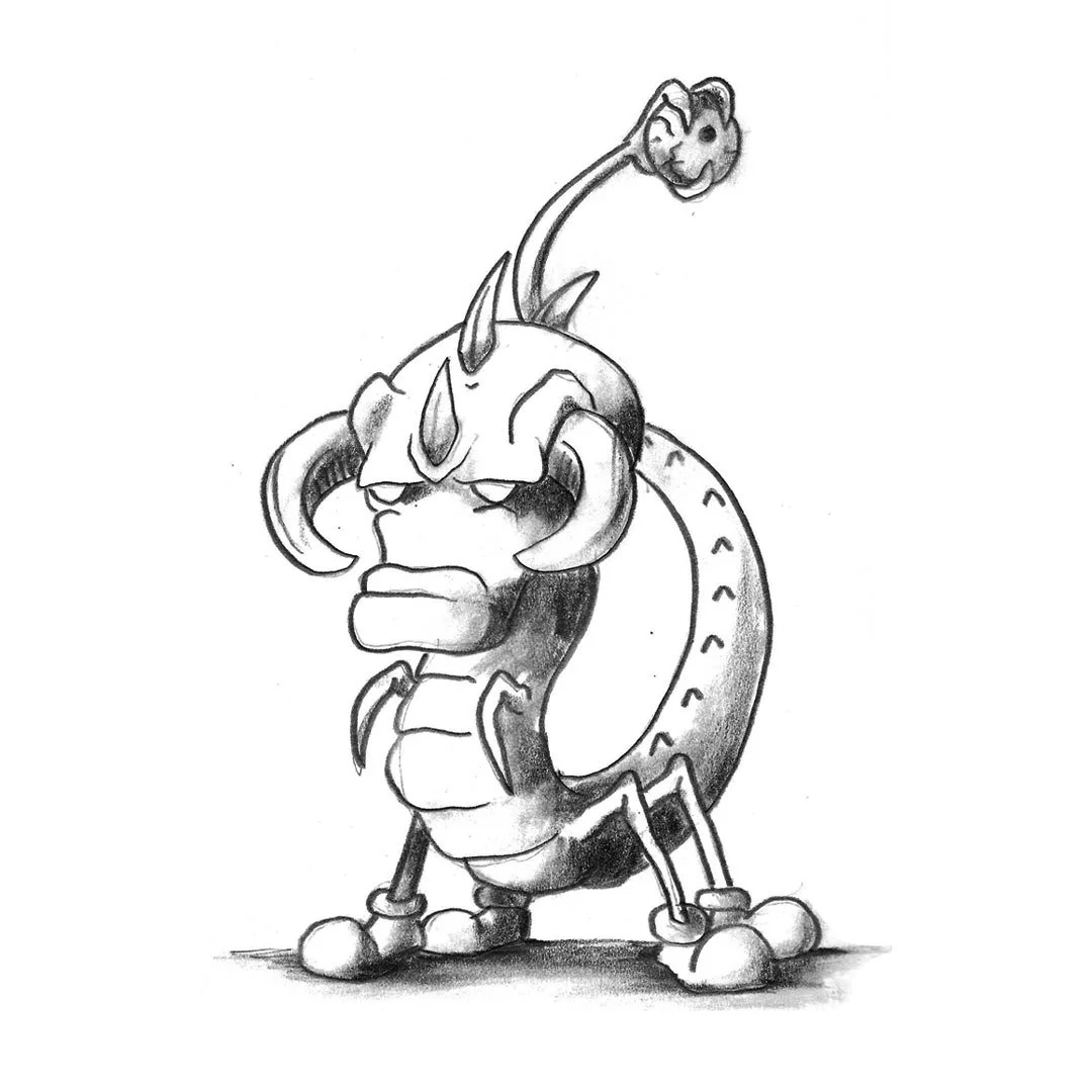 Black and white pencil sketch of an insect monster with horns an en eye on the end of its tail.
