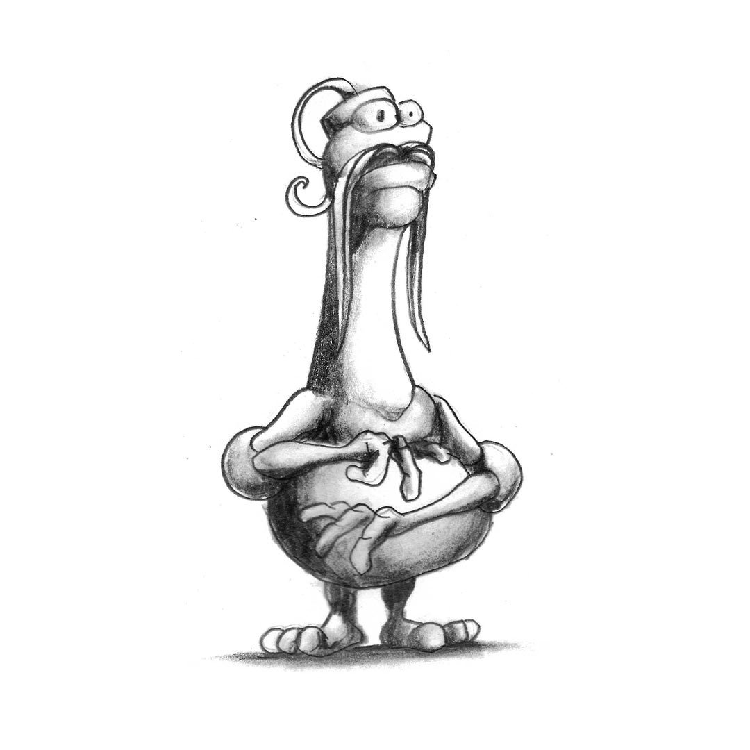 Black and white pencil sketch of a round monster with googly eyes and a long mustache.