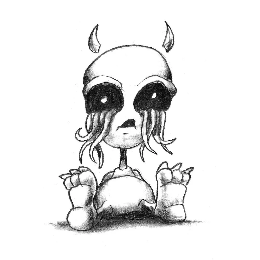 Black and white pencil sketch of a monster with long eyelashes and floating horns.