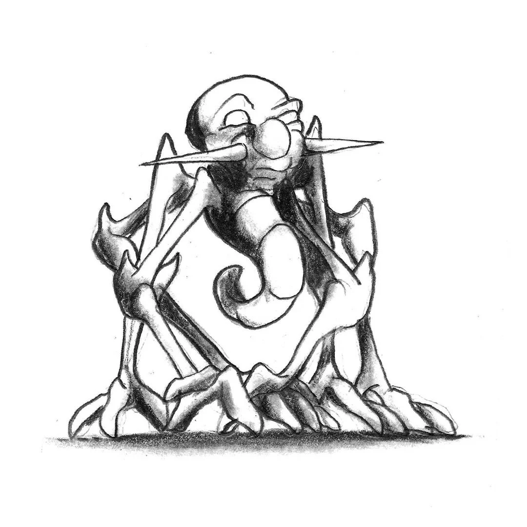 Black and white pencil sketch of a spider monster with a spike mustache.