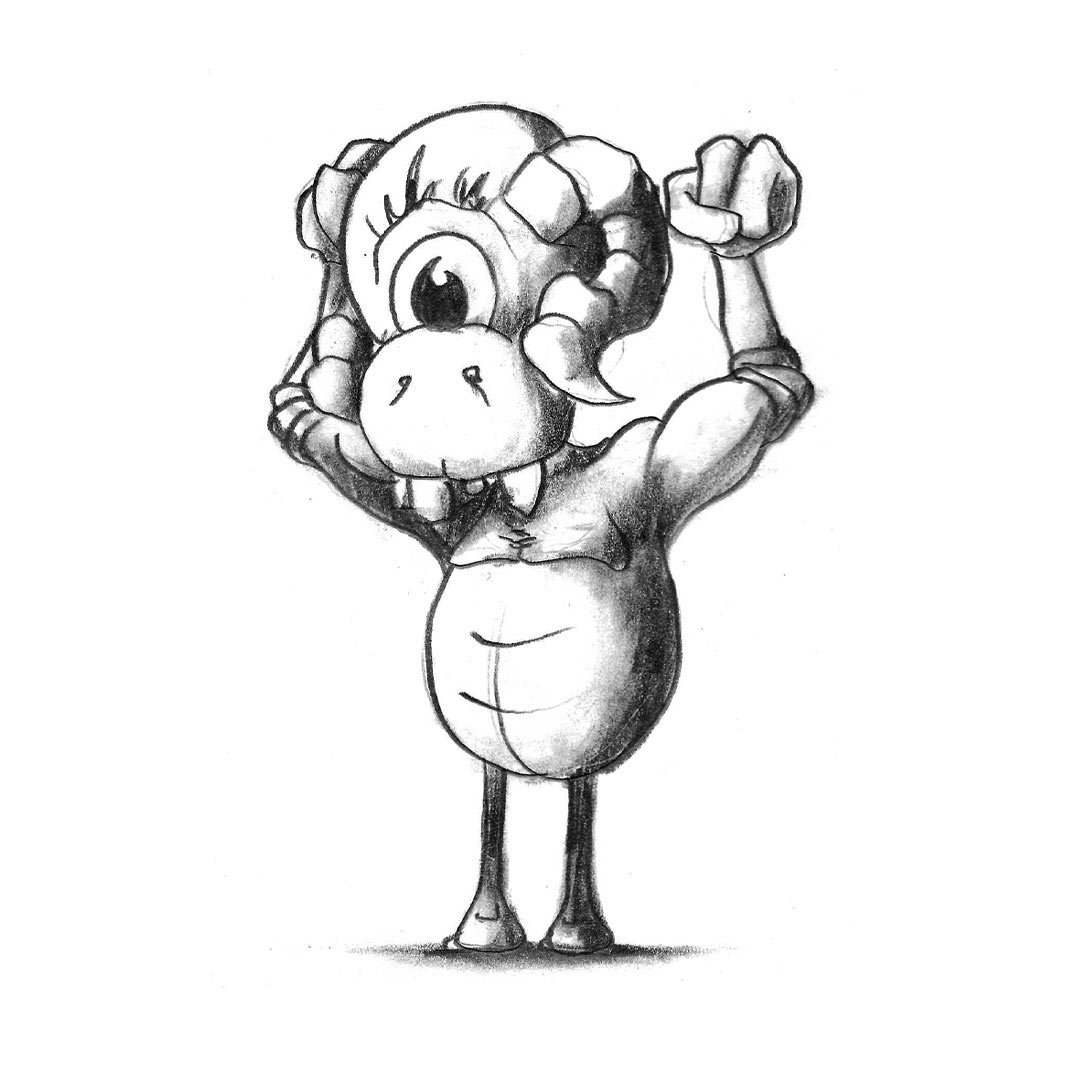 Black and white pencil sketch of a muscular cyclops monster with skinny legs.