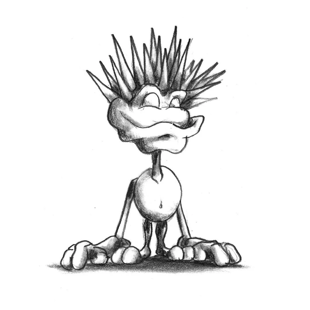 Black and white pencil sketch of a monster with spikes for hair.