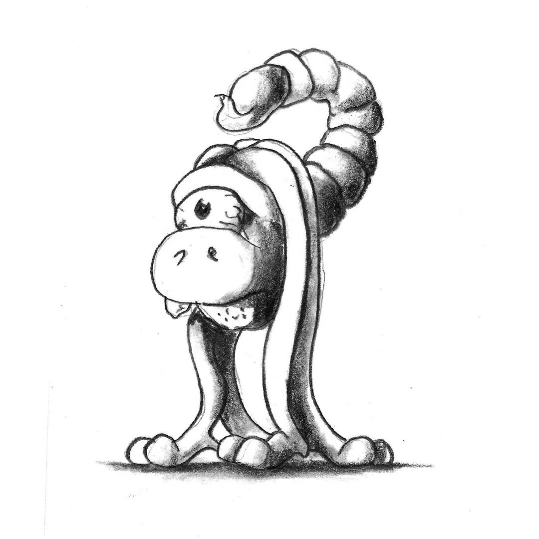Black and white pencil sketch of a cyclops monsters with a scorpion tail.