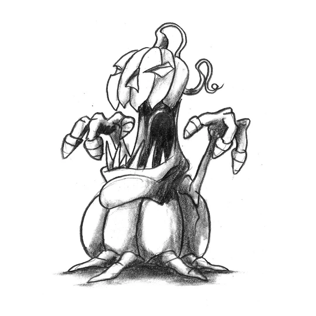 Black and white pencil drawing of a jack-o-lantern monster.