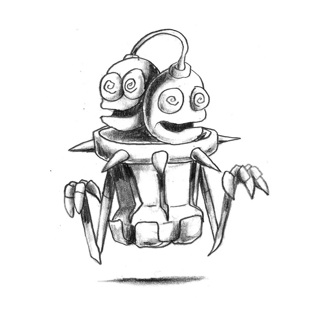 Black and white pencil sketch of a floating two-headed robot monster.