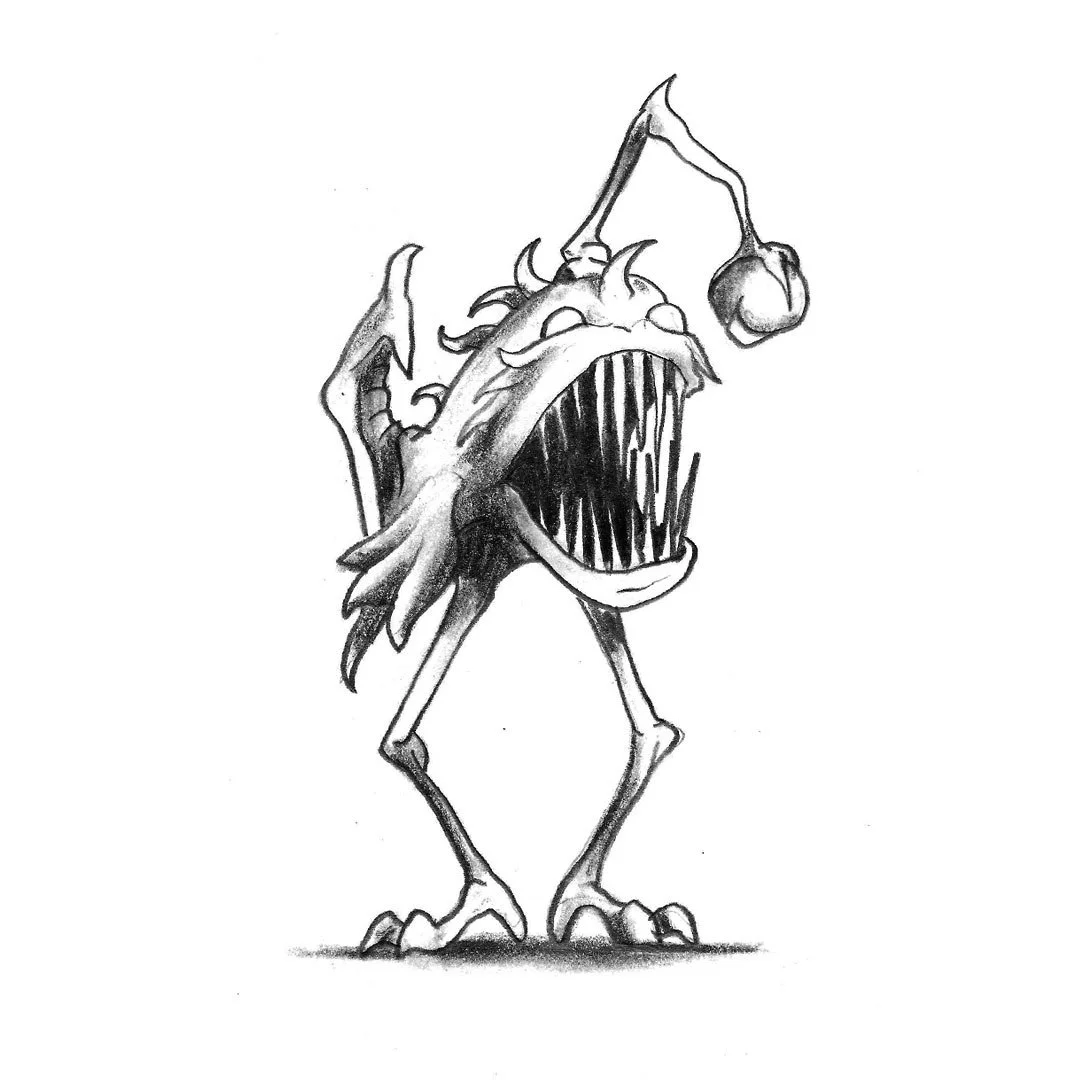 Black and white pencil sketch of an angler fish monster with legs.