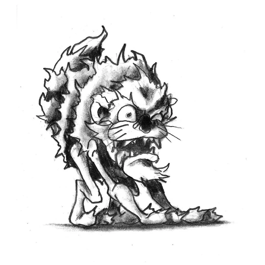 Black and white pencil sketch of a deformed raccoon monster.