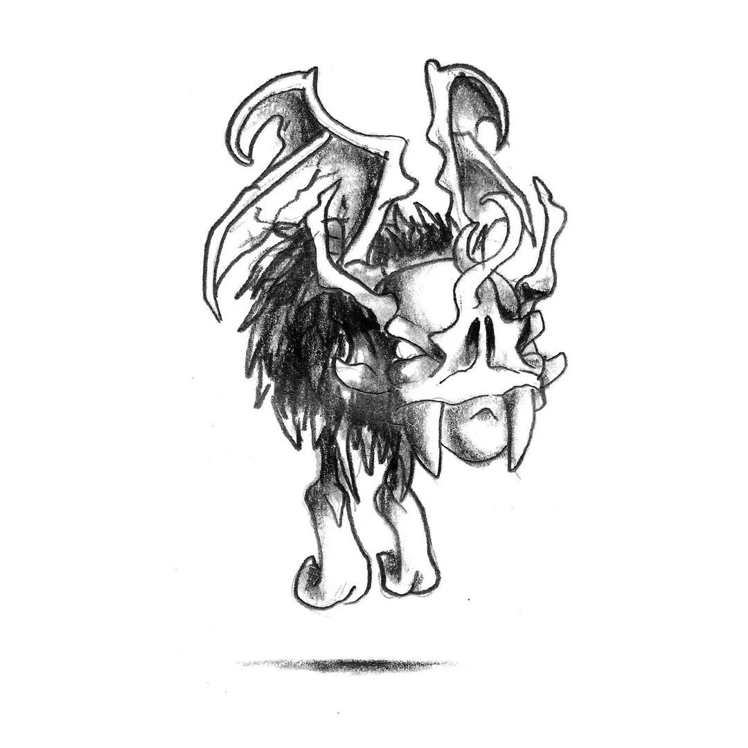 Black and white pencil sketch of a bat monster.