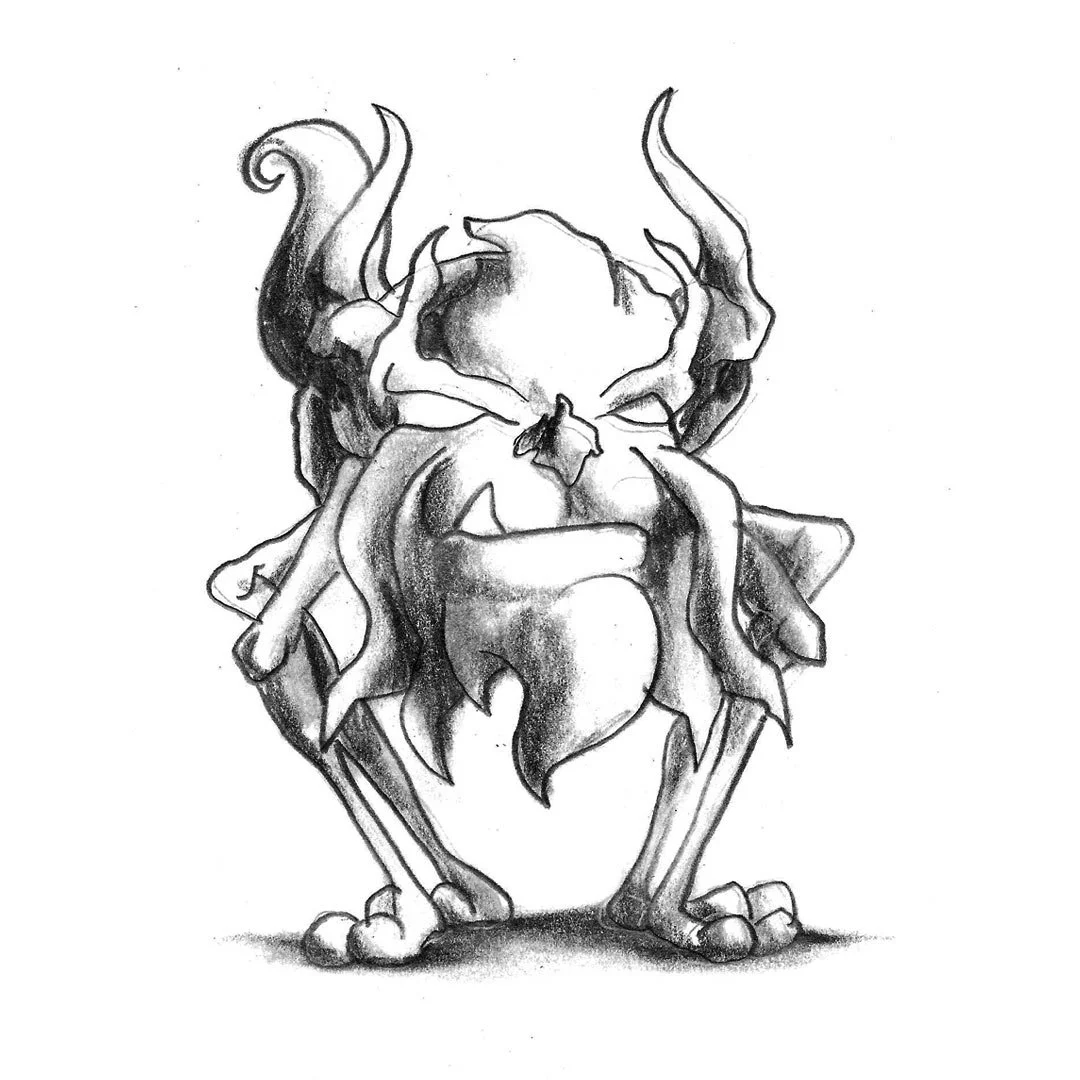 Black and white pencil sketch of a four-legged cat monster.