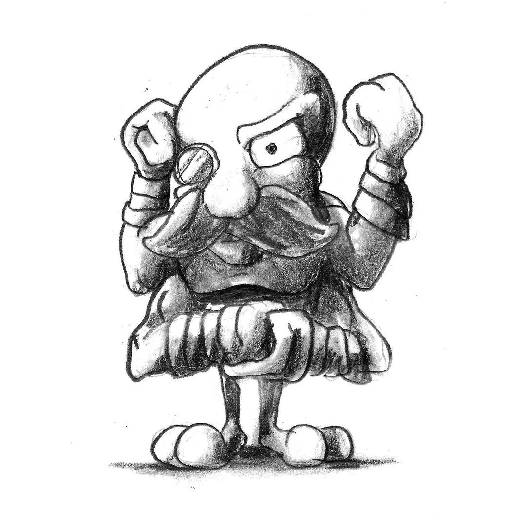 Black and white pencil sketch of a four-armed strongman monster.